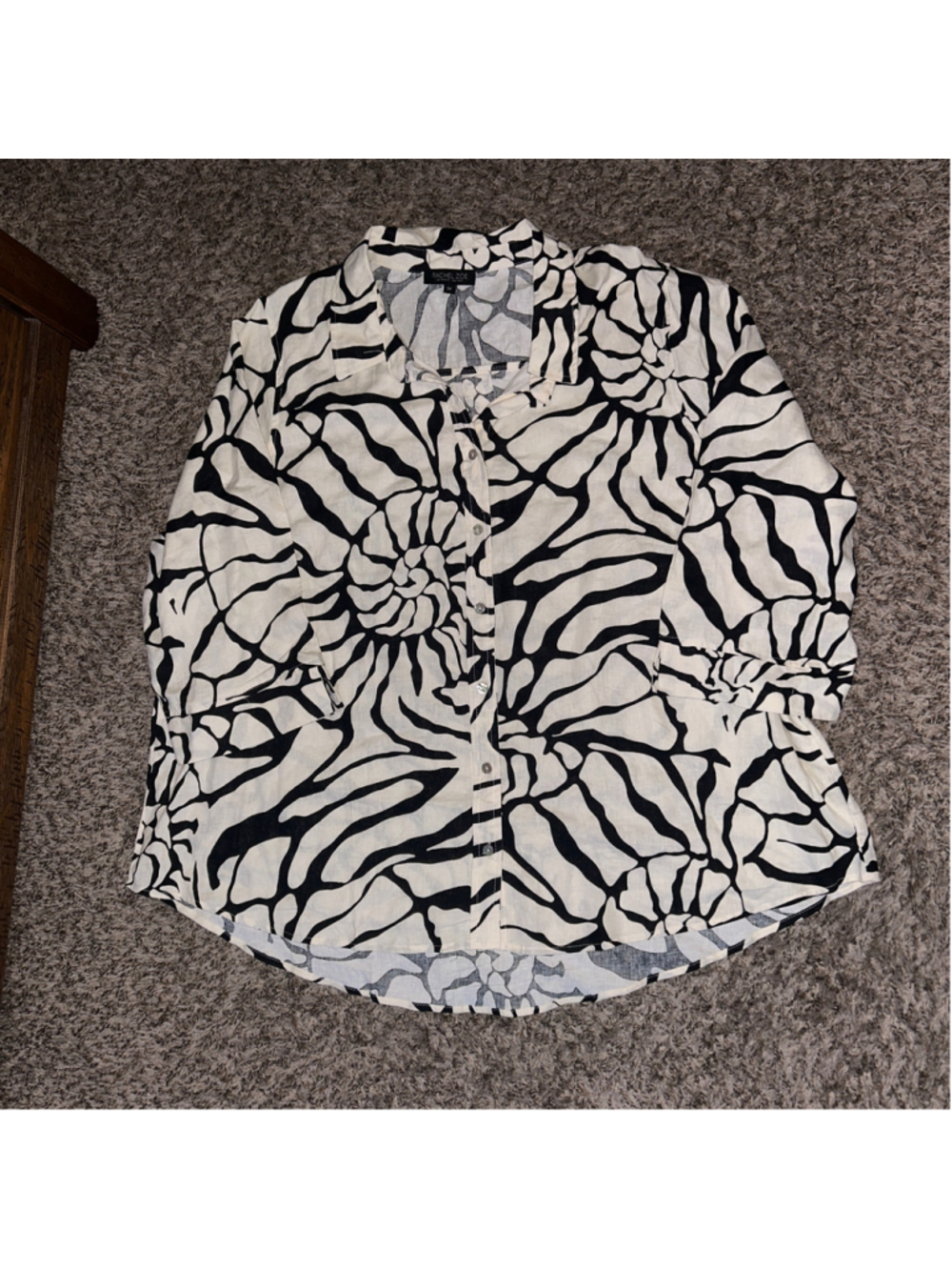 Women's Rachel Zoe Linen Blend Button Down Shirt 3X White Black Abstract Print - Picture 1 of 4